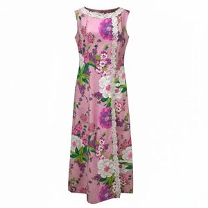 Vintage Alice of California Pink Floral Maxi Dress Lace Trim Sleeveless 60s 70s